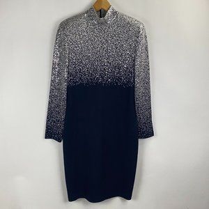 ST. JOHN EVENING Marie Gray Santana Knit Dress High Neck Sequin